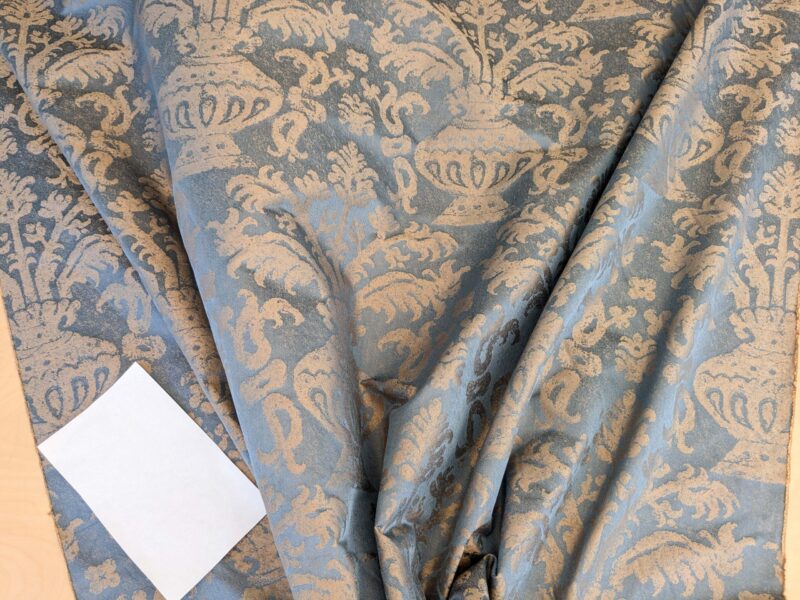 PXL_20250325_202509268 Chinoisery Flower in Vase Bronze Age 100% Silk Damask Blue Gold Radiance! Highest Quality MSRP USD 400+/Yard