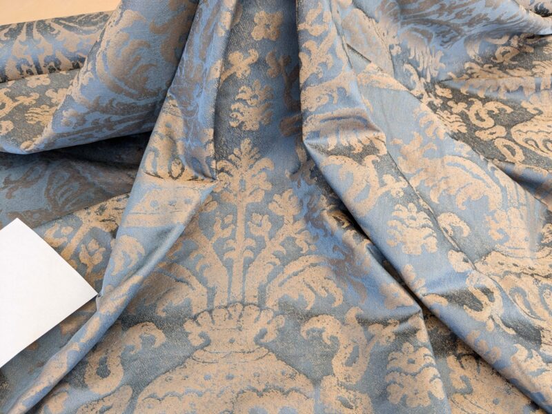 PXL_20250325_202548661 Chinoisery Flower in Vase Bronze Age 100% Silk Damask Blue Gold Radiance! Highest Quality MSRP USD 400+/Yard
