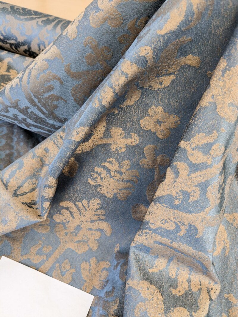 PXL_20250325_202600278 Chinoisery Flower in Vase Bronze Age 100% Silk Damask Blue Gold Radiance! Highest Quality MSRP USD 400+/Yard