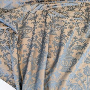 PXL_20250325_202650798 Chinoisery Flower in Vase Bronze Age 100% Silk Damask Blue Gold Radiance! Highest Quality MSRP USD 400+/Yard