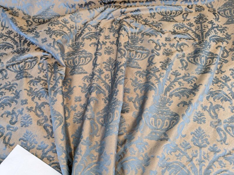 PXL_20250325_202650798 Chinoisery Flower in Vase Bronze Age 100% Silk Damask Blue Gold Radiance! Highest Quality MSRP USD 400+/Yard