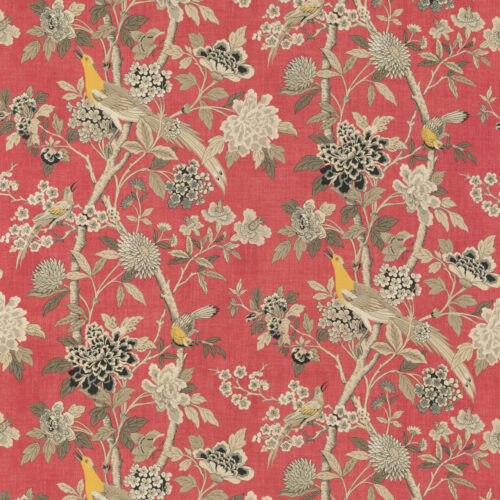 BP10851_4 Special Order G P & j Baker Hydrangea Bird - Old Rose Red Chifu Linen Bird Floral Botanical Fauna MSRP USD 246/y