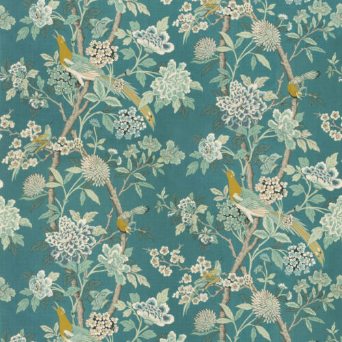 BP10851_5 Special Order G P & j Baker Hydrangea Bird -Teal Blue Green Chifu Linen Bird Floral Botanical Fauna MSRP USD 246/y