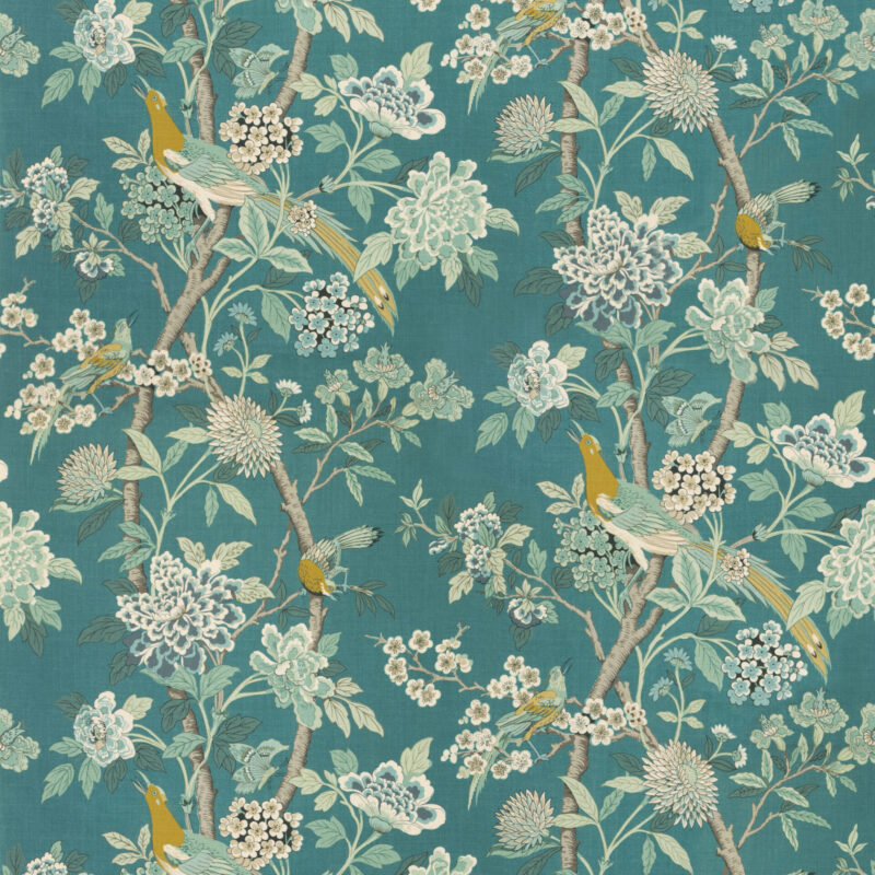 BP10851_5 Special Order G P & j Baker Hydrangea Bird -Teal Blue Green Chifu Linen Bird Floral Botanical Fauna MSRP USD 246/y