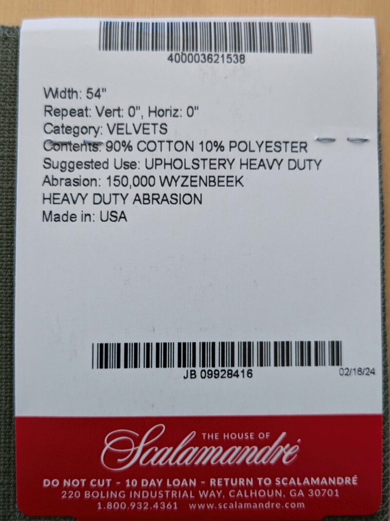 PXL_20250404_194445133 Scalamandre Strie Amboise Olive Green Velvet Cotton Old World Weavers Cotton Velvet MSRP USD 208/Yd