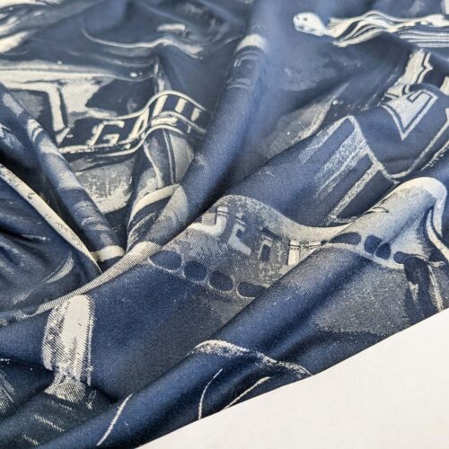 PXL_20250415_204501001 5 EV52 2.4y x 57"wide Scalamandre Lelievre Paris Jean Paul Gaultier Le Male Man's Hobby Sports Car Golf Tools Indigo Blue White Abstract Jacquard MSRP USD500+