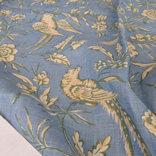 PXL_20250417_201127515 11 EV52 1.2y x 53"wide Scalamandre Aviary Sky Blue Linen Birds Floral Botanical Foliage Chinoiserie Print