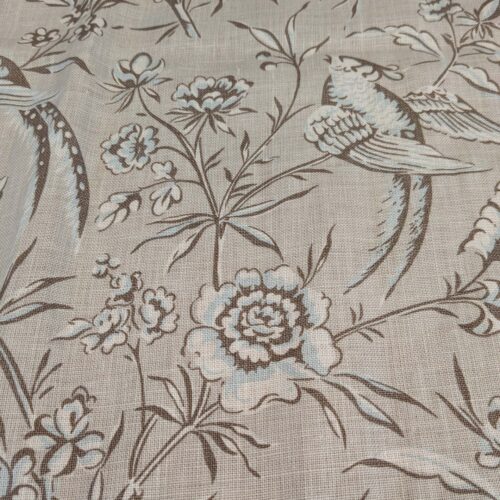 PXL_20250417_201801976 12 EV52 1.2y x 53"wide Scalamandre Aviary Taupe Brown Linen Birds Floral Botanical Foliage Chinoiserie Print