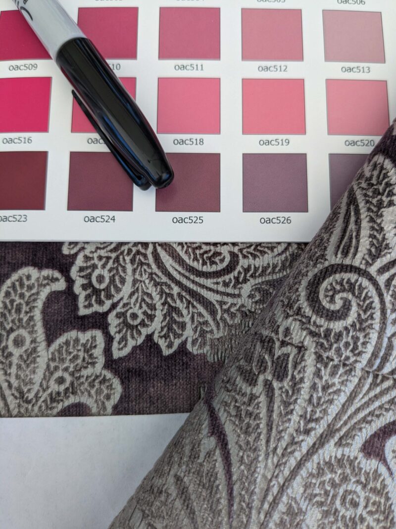 PXL_20250417_203114437 15 EV52 1.2y x 55"wide Scalamandre Palermo Velvet Paisley Amethyst Purple Printed Velvet Botanical Foliage MSRP USD610/y