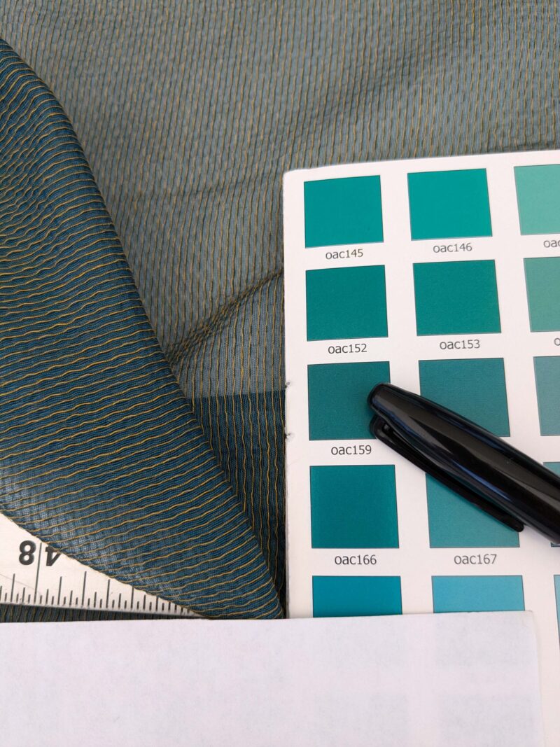 PXL_20250417_211621569 21 EV52 2.4y x 56"wide Scalamandre Christian Fischbacher Attitude Fr Patina Sheer Blue Brown Solid Polyester