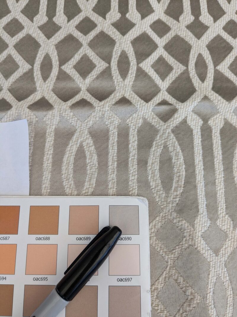 PXL_20250423_185515790 33 EV53 Square Scalamandre Aldeco Ryad Dyor Silver on Taupe Gray Brown Fretwork Lattice Geometric MSRP USD200+