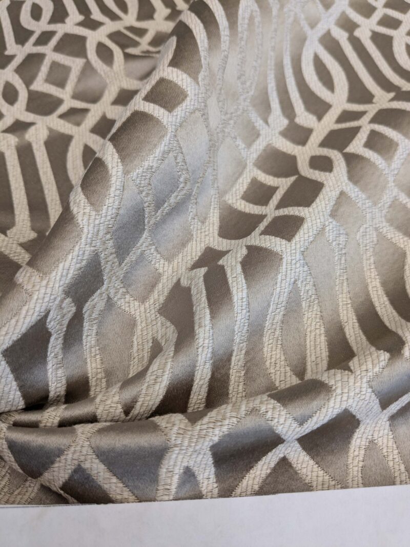 PXL_20250423_185528630 33 EV53 Square Scalamandre Aldeco Ryad Dyor Silver on Taupe Gray Brown Fretwork Lattice Geometric MSRP USD200+