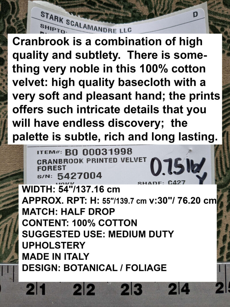 PXL_20250424_220350994 Scalamandre Fonthill Cranbrook Printed Velvet Forest Rich Emerald Green Printed Renaissance Floral Jacobean MSRP USD368/Y