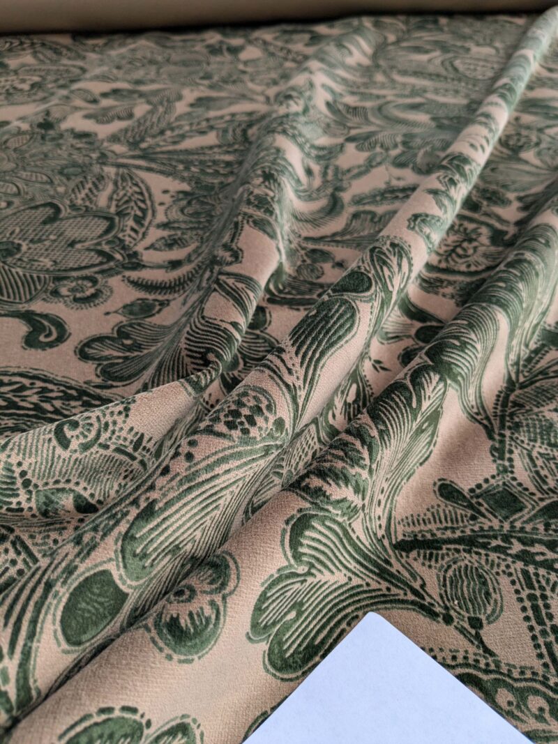 PXL_20250424_220449330 Scalamandre Fonthill Cranbrook Printed Velvet Forest Rich Emerald Green Printed Renaissance Floral Jacobean MSRP USD368/Y