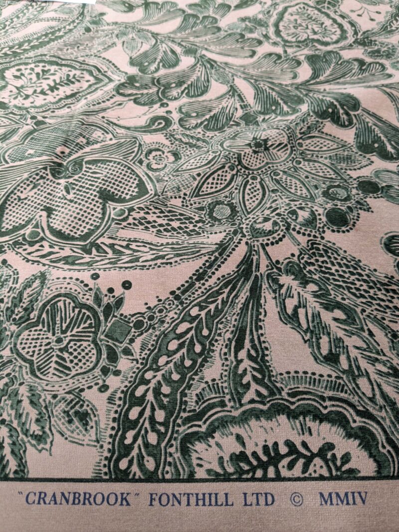 PXL_20250424_220508071 Scalamandre Fonthill Cranbrook Printed Velvet Forest Rich Emerald Green Printed Renaissance Floral Jacobean MSRP USD368/Y