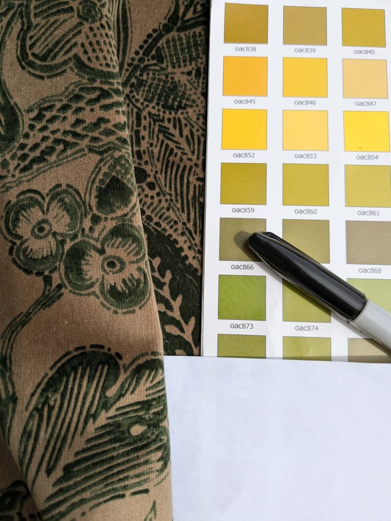 PXL_20250424_220646040 Scalamandre Fonthill Cranbrook Printed Velvet Forest Rich Emerald Green Printed Renaissance Floral Jacobean MSRP USD368/Y