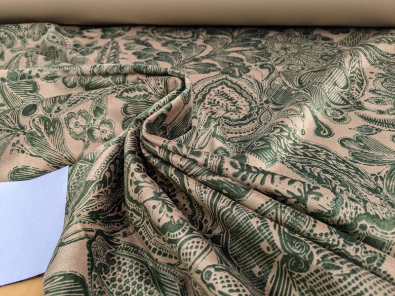 PXL_20250424_220901552 Scalamandre Fonthill Cranbrook Printed Velvet Forest Rich Emerald Green Printed Renaissance Floral Jacobean MSRP USD368/Y