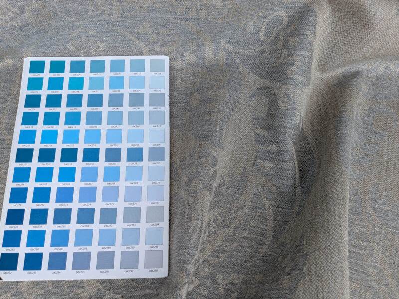 PXL_20250606_201946474 Scalamandre Amelia in "Smoke" Pale Blue Natural Beige Renaissance Damask Jacquard Linen Acanthus Artichoke Feather MSRP USD 176/y