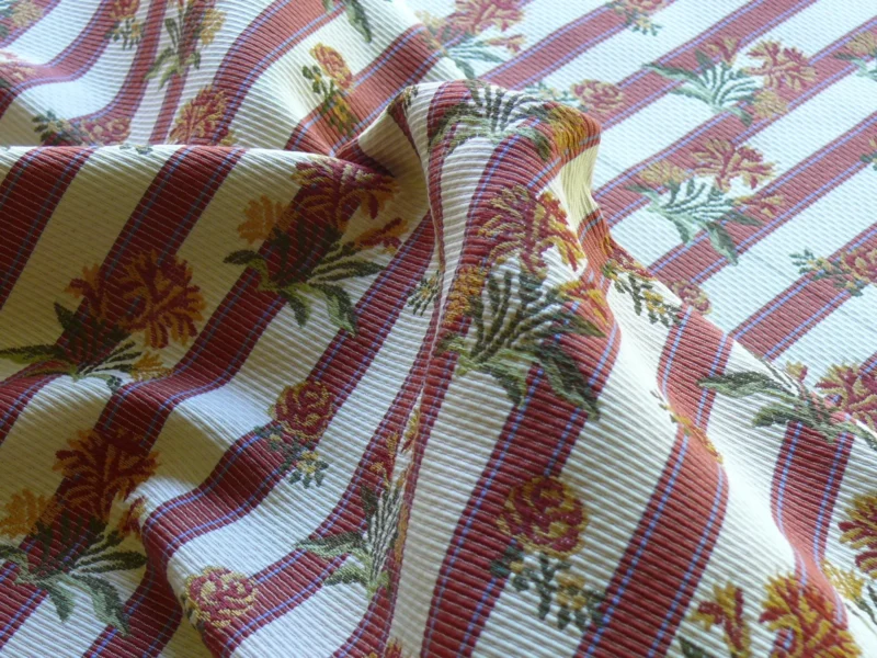 Caitlin-1 By yard Lee Jofa Caitlin Floral Poppy Lampas Stripe Red Gold MSRP USD 240/y