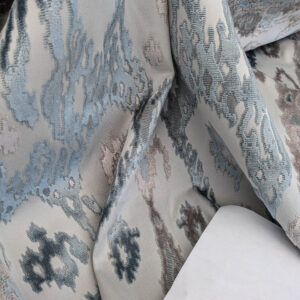 PXL_20250520_204942305 Scalamandre  Tai Lao Mist Blue Brown Velvet Ikat Paisley Viscose Cotton MSRP USD 532/y