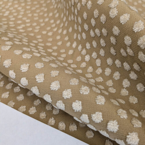 PXL_20250520_210235369 Scalamandre Dotty Eggshell Toast Brown White Chenille Jacquard Heavy Dots Circles Animal Skin MSRP USD 410/y