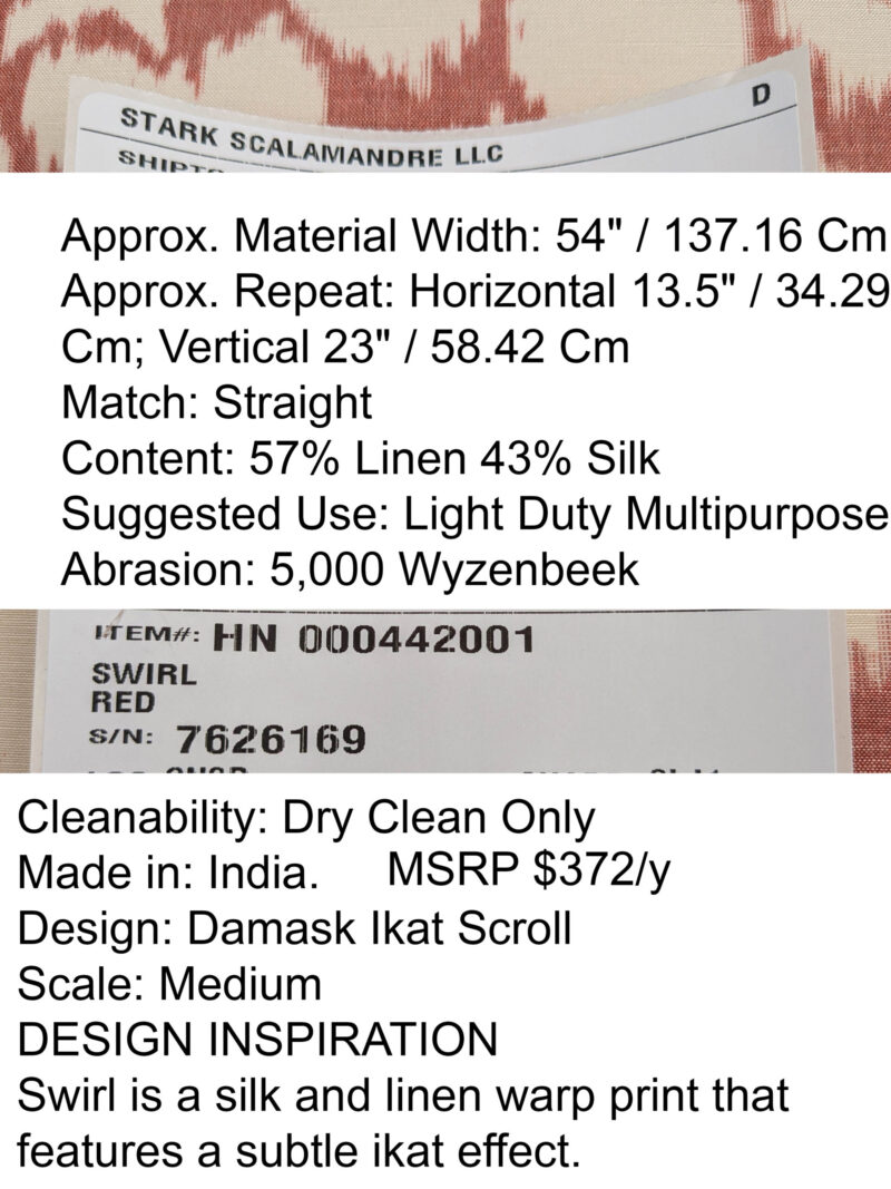PXL_20250521_192643870 Scalamandre Swirl Red White Scroll Damask Ikat Linen Silk MSRP USD 372/y