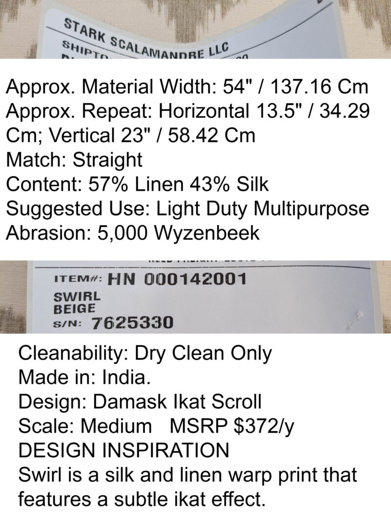 PXL_20250521_194359320 Scalamandre Swirl Beige  White Scroll Damask Ikat Linen Silk MSRP USD 372/y