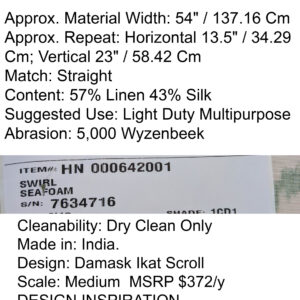 PXL_20250521_194919221 Scalamandre Swirl Seafoam Aqua Blue Green White Scroll Damask Ikat Linen Silk MSRP USD 372/y