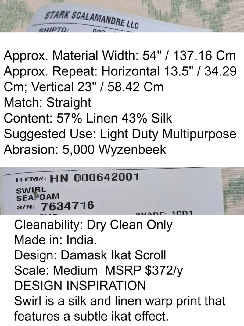 PXL_20250521_194919221 Scalamandre Swirl Seafoam Aqua Blue Green White Scroll Damask Ikat Linen Silk MSRP USD 372/y