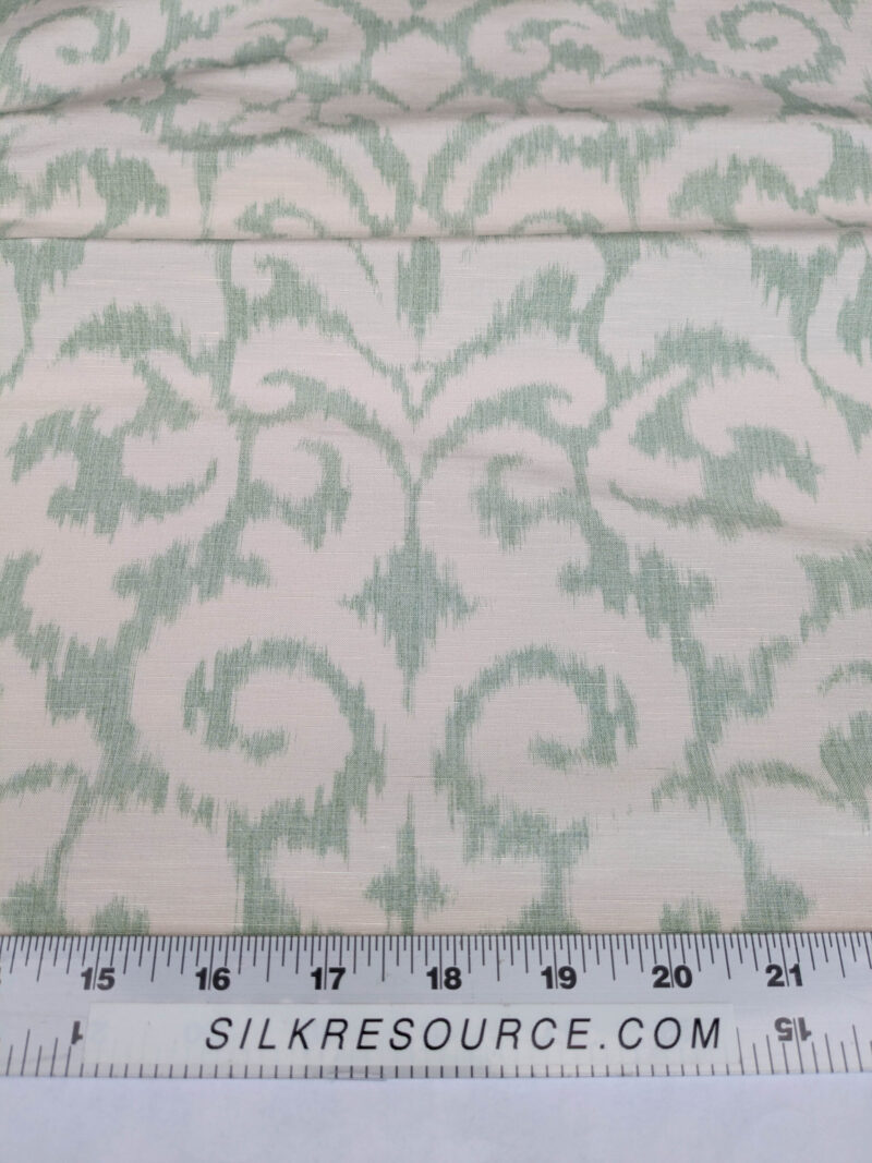 PXL_20250521_194939021 Scalamandre Swirl Seafoam Aqua Blue Green White Scroll Damask Ikat Linen Silk MSRP USD 372/y