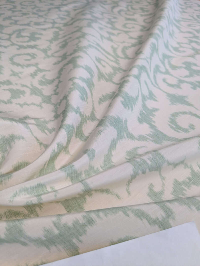 PXL_20250521_194948829 Scalamandre Swirl Seafoam Aqua Blue Green White Scroll Damask Ikat Linen Silk MSRP USD 372/y