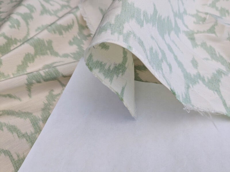 PXL_20250521_195045554 Scalamandre Swirl Seafoam Aqua Blue Green White Scroll Damask Ikat Linen Silk MSRP USD 372/y