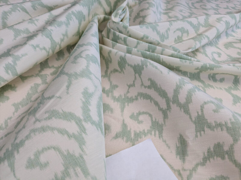 PXL_20250521_195251586 Scalamandre Swirl Seafoam Aqua Blue Green White Scroll Damask Ikat Linen Silk MSRP USD 372/y