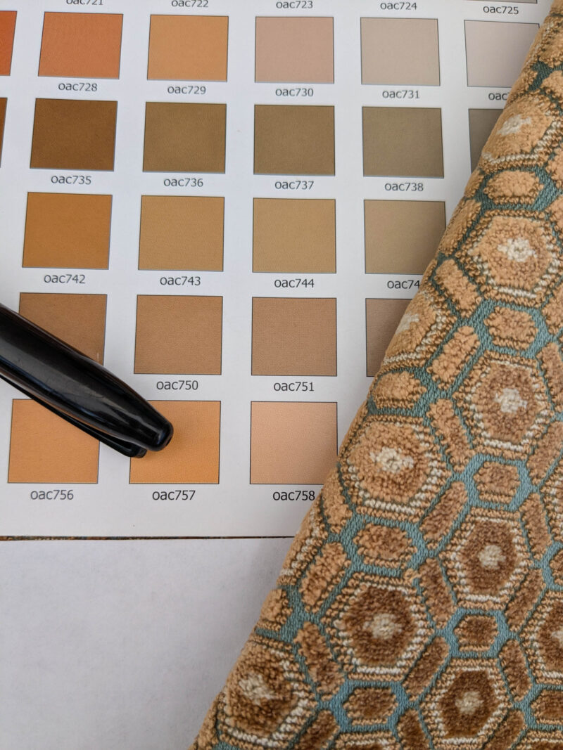 PXL_20250521_205956437 Scalamandre Old World Weavers Manet Sable Blue  Brown Velvet Viscose Small Scales Geometric MSRP USD570/y