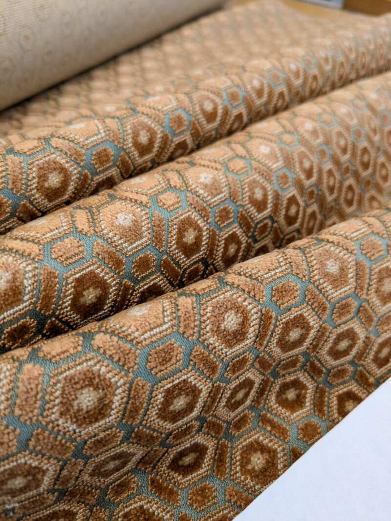 PXL_20250521_210240582 Scalamandre Old World Weavers Manet Sable Blue  Brown Velvet Viscose Small Scales Geometric MSRP USD570/y