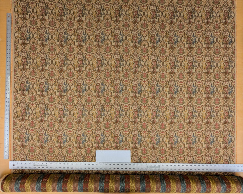 PXL_20250521_212551734 Scalamandre Medieval Man Multi  Beige Red Medallion Scenic Figurative Renaissance Fair Lion MSRP USD416/y