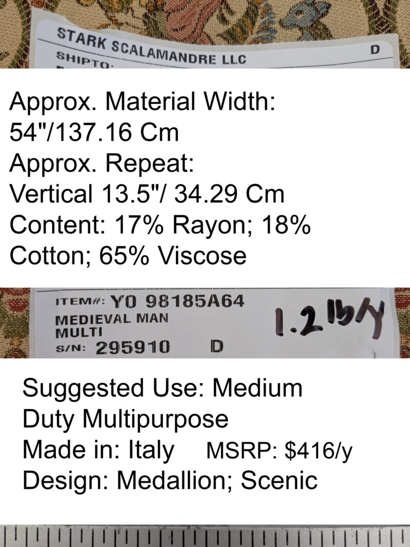 PXL_20250521_212633055 Scalamandre Medieval Man Multi  Beige Red Medallion Scenic Figurative Renaissance Fair Lion MSRP USD416/y