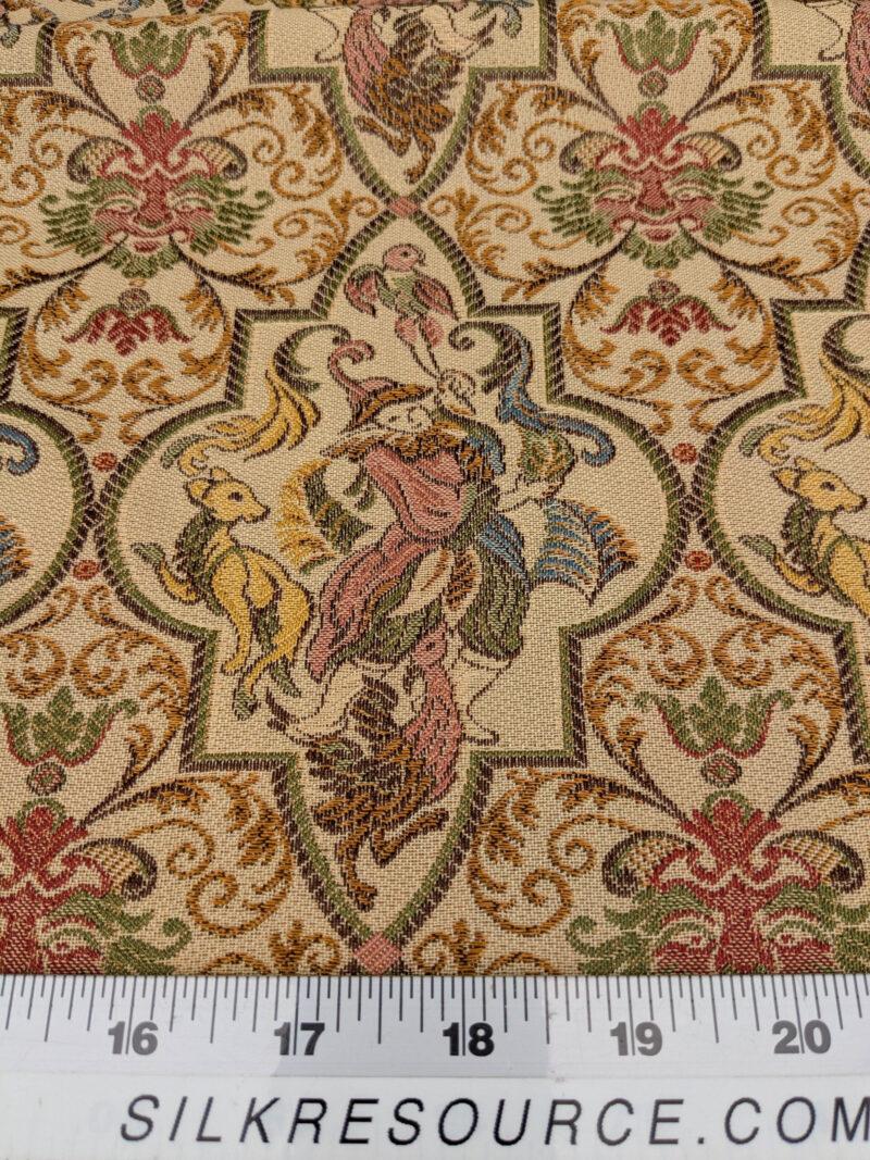 PXL_20250521_212653362 Scalamandre Medieval Man Multi  Beige Red Medallion Scenic Figurative Renaissance Fair Lion MSRP USD416/y