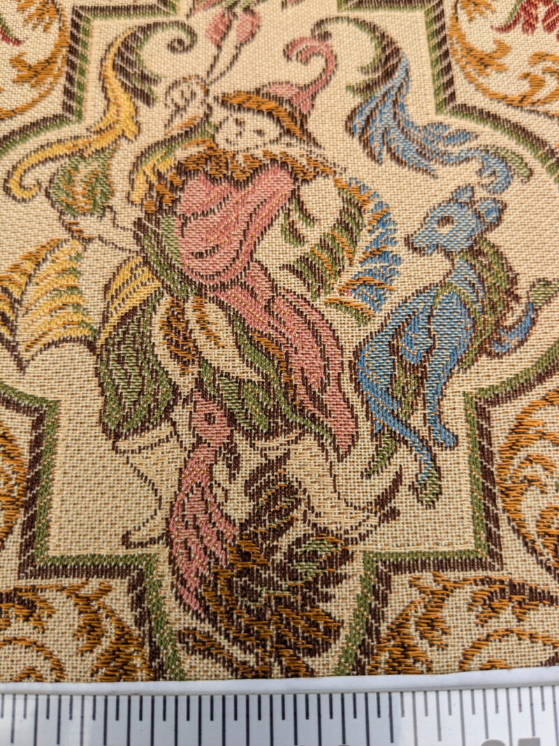 PXL_20250521_212715248 Scalamandre Medieval Man Multi  Beige Red Medallion Scenic Figurative Renaissance Fair Lion MSRP USD416/y