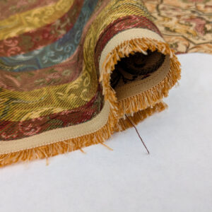 PXL_20250521_212752681 Scalamandre Medieval Man Multi  Beige Red Medallion Scenic Figurative Renaissance Fair Lion MSRP USD416/y