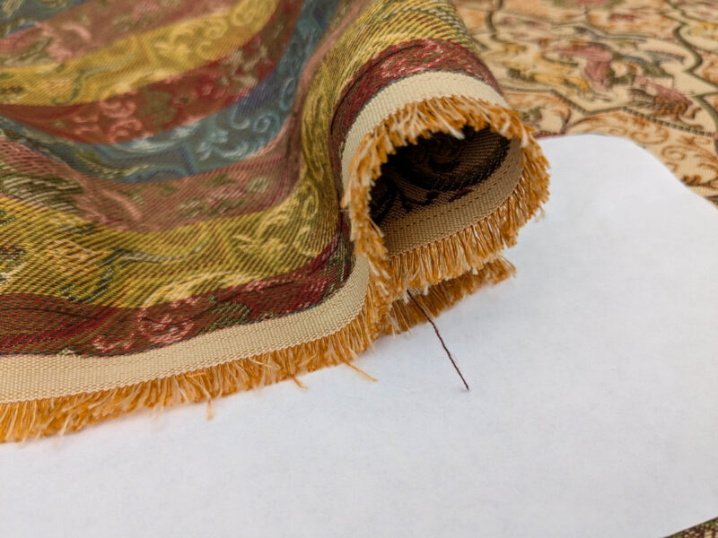 PXL_20250521_212752681 Scalamandre Medieval Man Multi  Beige Red Medallion Scenic Figurative Renaissance Fair Lion MSRP USD416/y