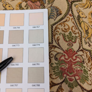 PXL_20250521_212916381 Scalamandre Medieval Man Multi  Beige Red Medallion Scenic Figurative Renaissance Fair Lion MSRP USD416/y