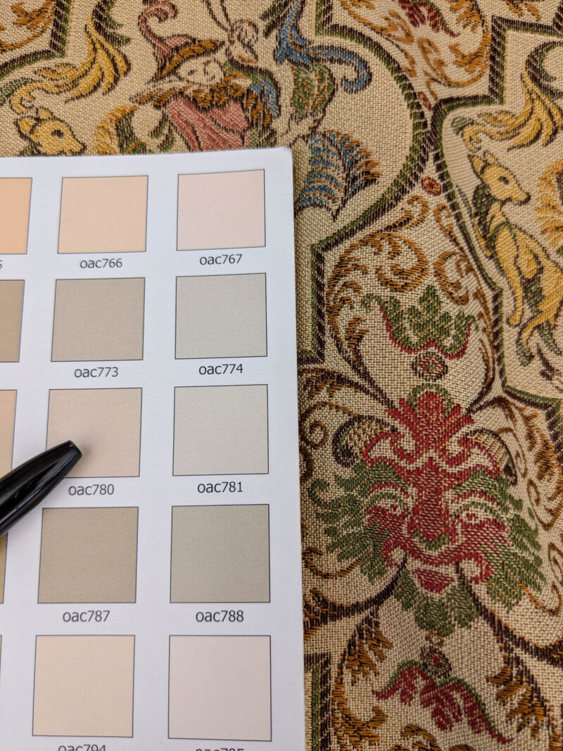 PXL_20250521_212916381 Scalamandre Medieval Man Multi  Beige Red Medallion Scenic Figurative Renaissance Fair Lion MSRP USD416/y