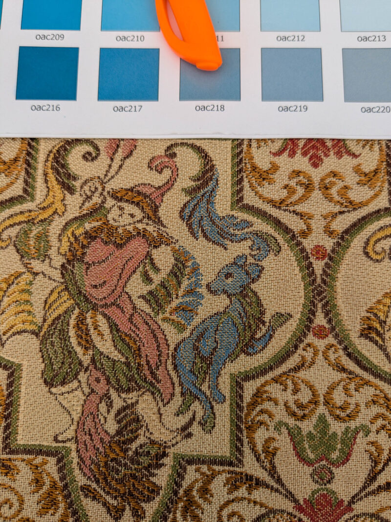 PXL_20250521_212934273 Scalamandre Medieval Man Multi  Beige Red Medallion Scenic Figurative Renaissance Fair Lion MSRP USD416/y