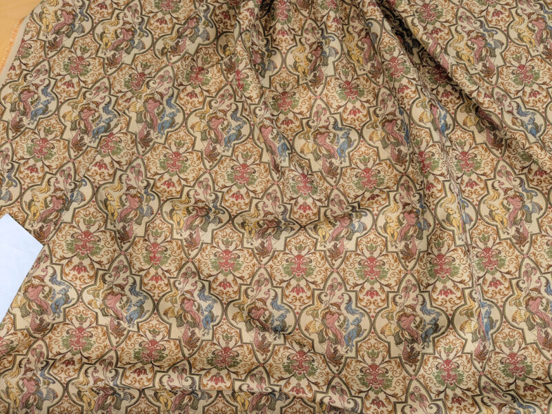 PXL_20250521_213045399 Scalamandre Medieval Man Multi  Beige Red Medallion Scenic Figurative Renaissance Fair Lion MSRP USD416/y