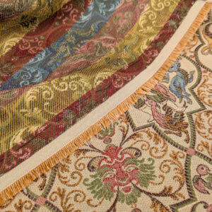 PXL_20250521_213149138 Scalamandre Medieval Man Multi  Beige Red Medallion Scenic Figurative Renaissance Fair Lion MSRP USD416/y