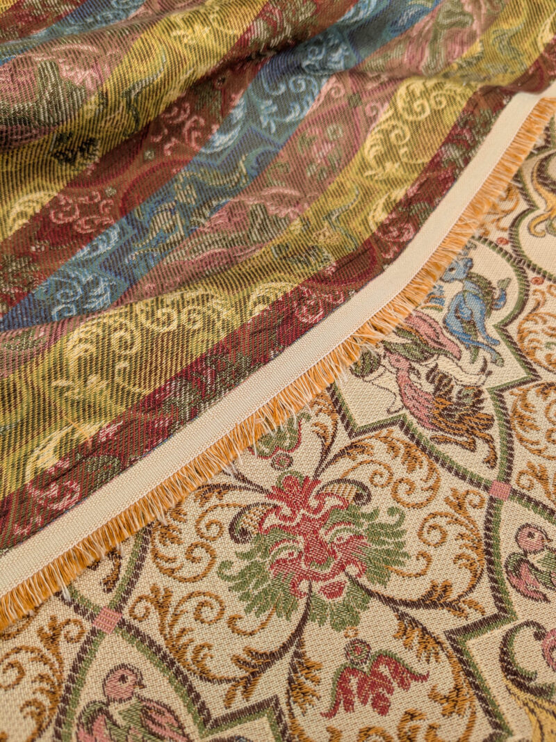 PXL_20250521_213149138 Scalamandre Medieval Man Multi  Beige Red Medallion Scenic Figurative Renaissance Fair Lion MSRP USD416/y