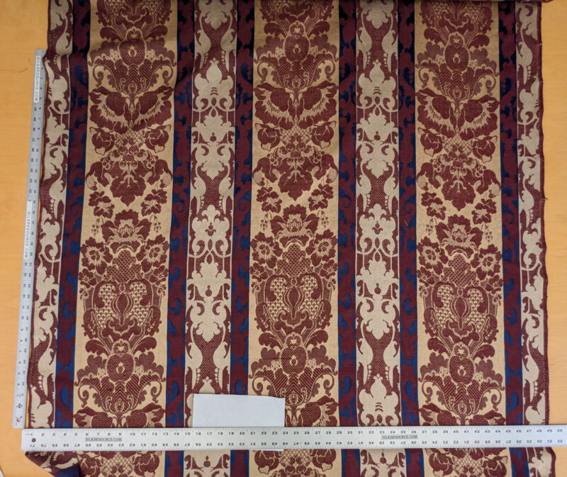 PXL_20250521_213438926 Scalamandre Renwick Gallery Wine Beige & Blue Stripe Smithsonian American Art Museum Damask Renaissance Cotton MSRP USD 444/y