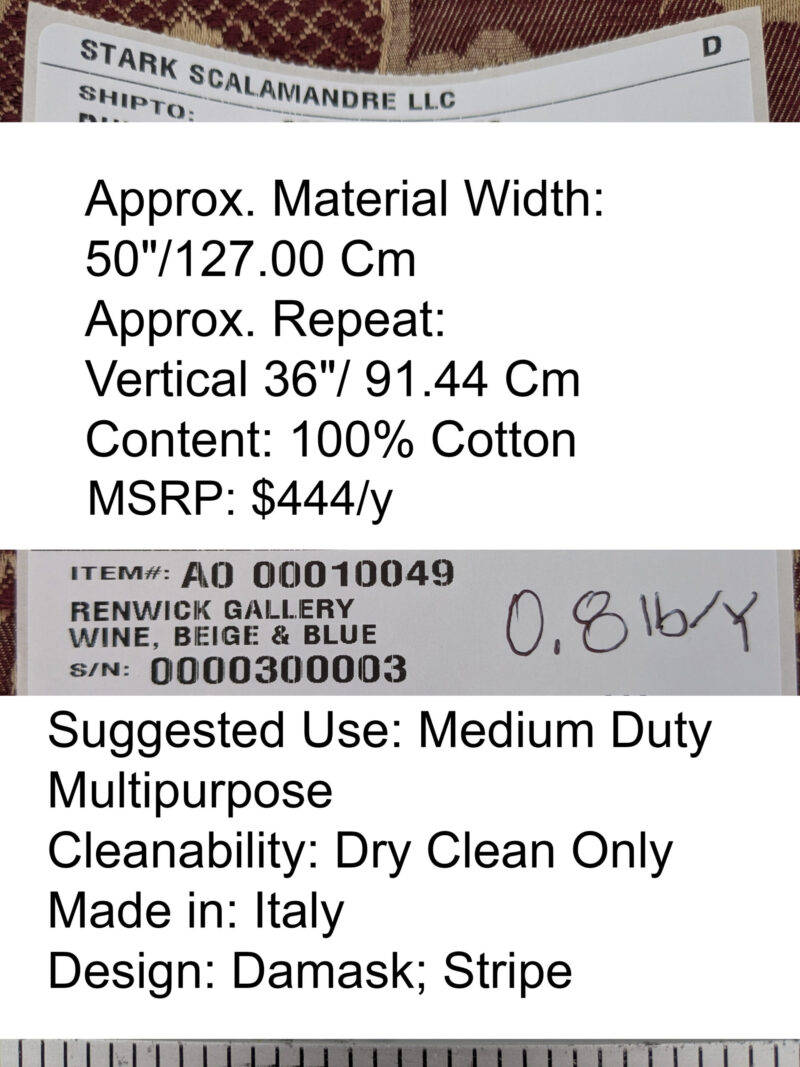 PXL_20250521_213456014 Scalamandre Renwick Gallery Wine Beige & Blue Stripe Smithsonian American Art Museum Damask Renaissance Cotton MSRP USD 444/y