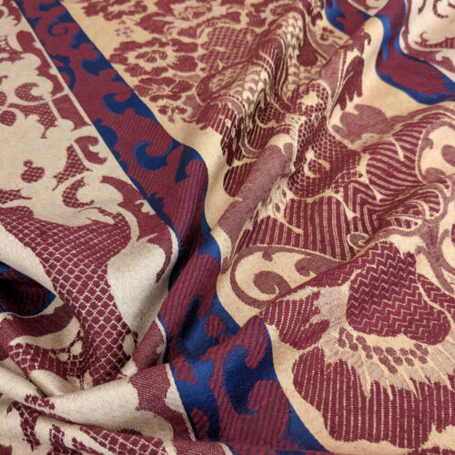 PXL_20250521_213541281 Scalamandre Renwick Gallery Wine Beige & Blue Stripe Smithsonian American Art Museum Damask Renaissance Cotton MSRP USD 444/y